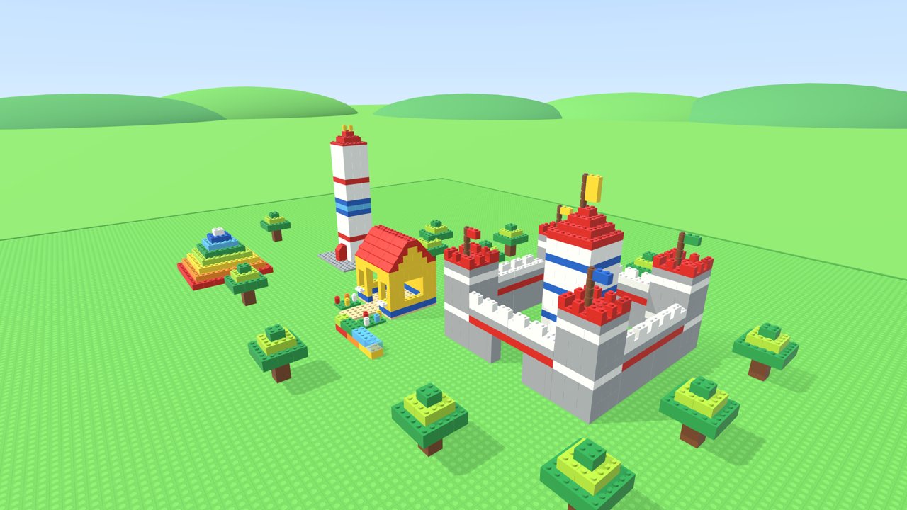 A brick world with a castle, a rocket, a rainbow pyramid and a little house