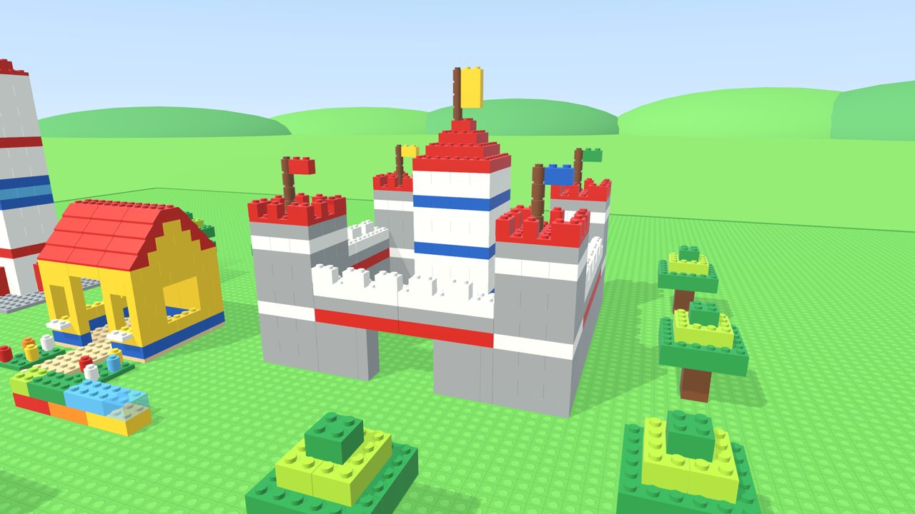 A brick castle with towers and flags